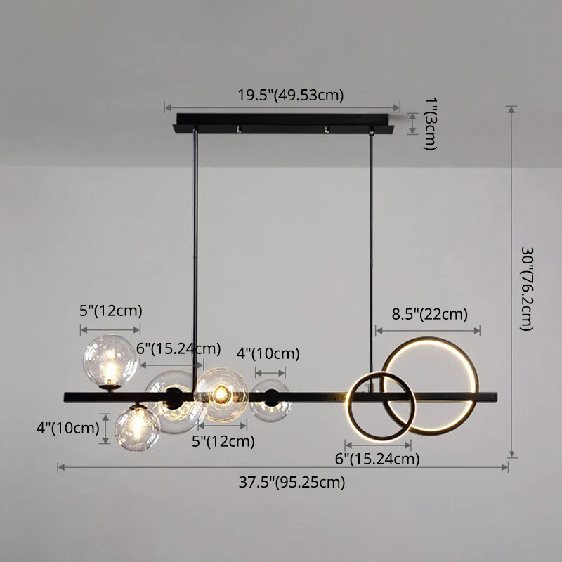 5-lichts moderne zwarte metalen eiland-hanglamp Helder glazen eiland-plafondlamp voor eettafel Clearhalo
