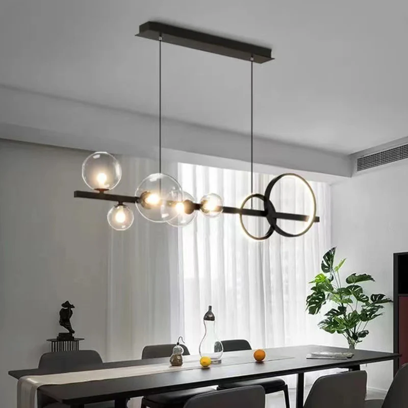 5-lichts moderne zwarte metalen eiland-hanglamp Helder glazen eiland-plafondlamp voor eettafel Clearhalo