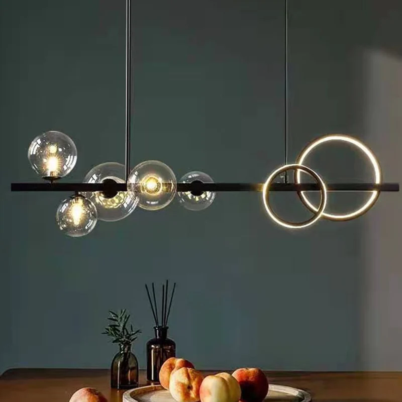 5-lichts moderne zwarte metalen eiland-hanglamp Helder glazen eiland-plafondlamp voor eettafel Clearhalo