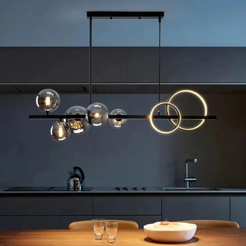 5-lichts moderne zwarte metalen eiland-hanglamp Helder glazen eiland-plafondlamp voor eettafel Clearhalo