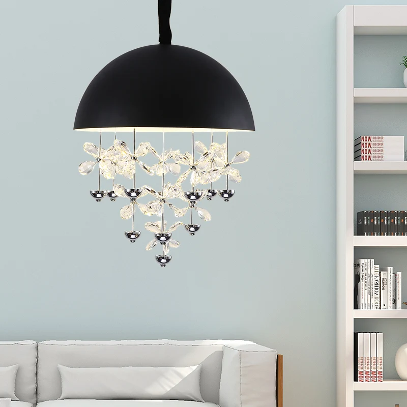 6/10 lampen koepelvormige hanglamp moderne metalen hangende plafondlamp met kristallen bloemdeco zwart/wit Clearhalo