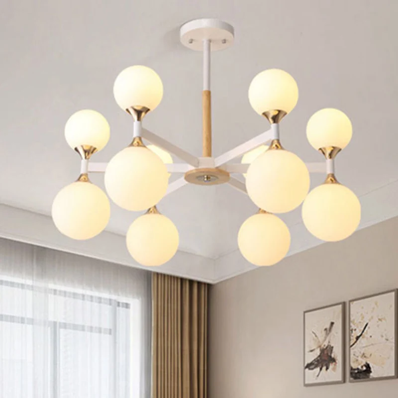 6/12-lichts glazen bol hangende kroonluchter, houten en metalen behuizing, hanglamp voor restaurant Clearhalo