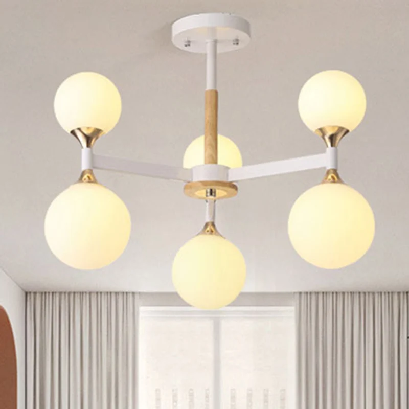 6/12-lichts glazen bol hangende kroonluchter, houten en metalen behuizing, hanglamp voor restaurant Clearhalo
