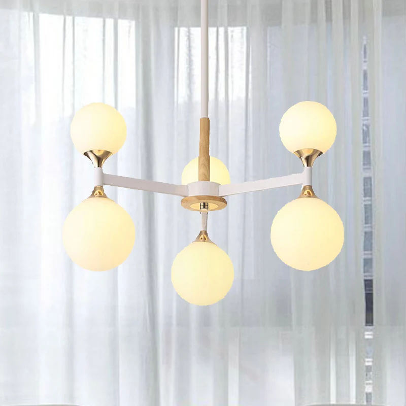 6/12-lichts glazen bol hangende kroonluchter, houten en metalen behuizing, hanglamp voor restaurant Clearhalo