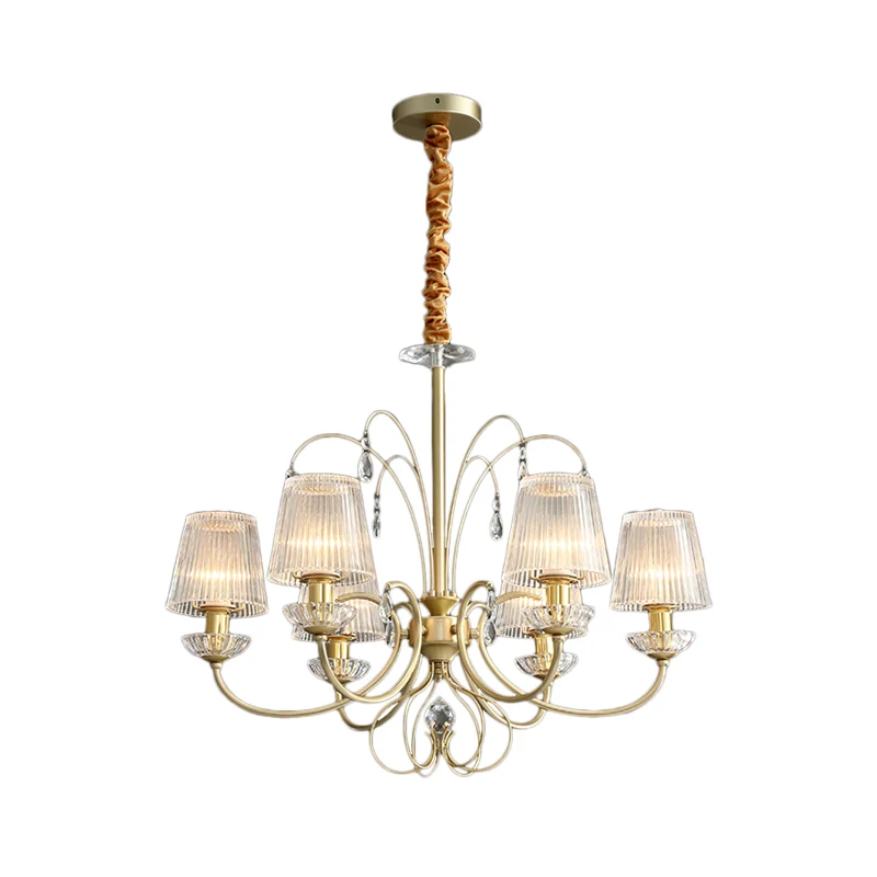 6/8/10 Lights Cone Kroonluchterlamp Modern helder geribbeld glas hangend plafondlicht goud voor woonkamer Clearhalo