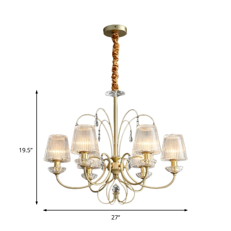 6/8/10 Lights Cone Kroonluchterlamp Modern helder geribbeld glas hangend plafondlicht goud voor woonkamer Clearhalo