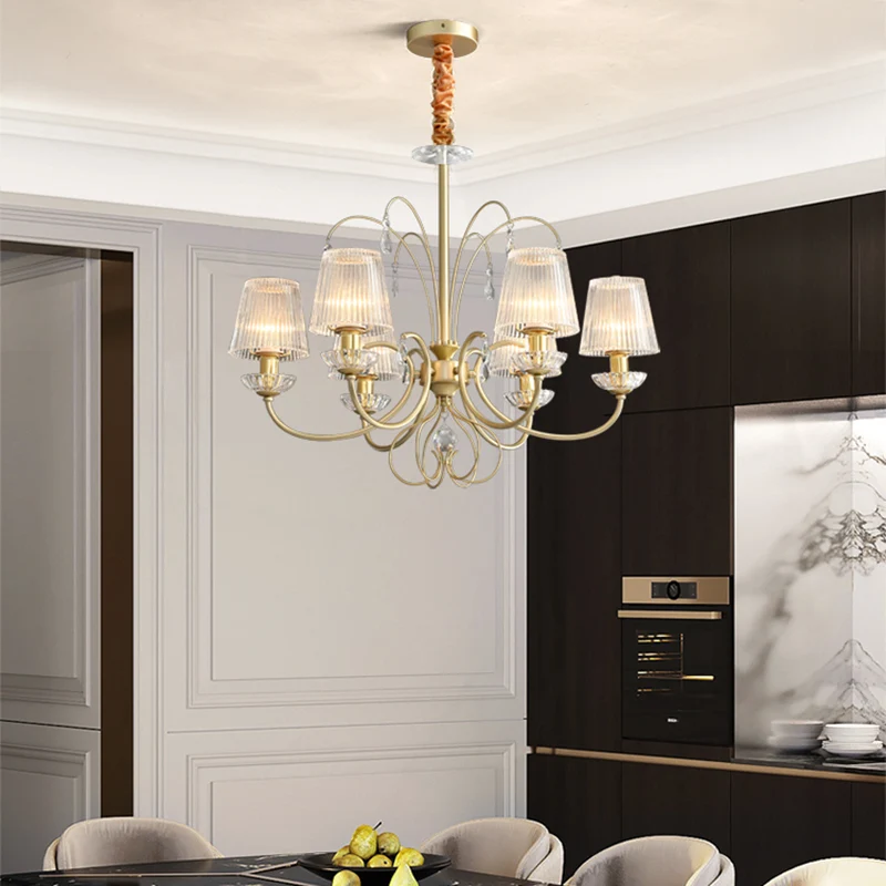 6/8/10 Lights Cone Kroonluchterlamp Modern helder geribbeld glas hangend plafondlicht goud voor woonkamer Clearhalo