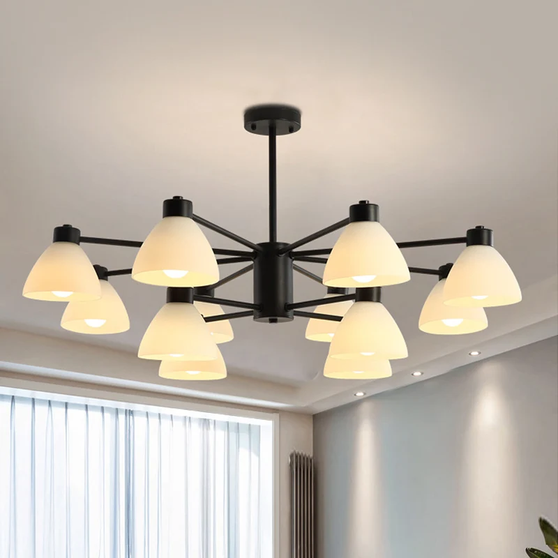 6/8/12-Head eetkamer hanglamp moderne stijl zwarte afwerking kroonluchterlamp met koepel witte glazen kap Clearhalo