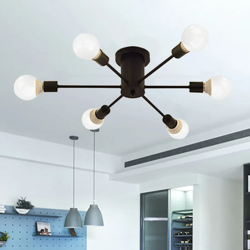 6/8-kops plafondlamp met zichtbare lamp, metaal, retro-stijl slaapkamer, semi-inbouwverlichting zwart/wit Clearhalo