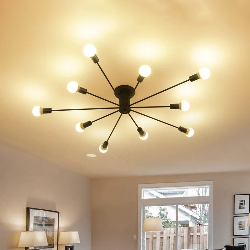 6/8-kops plafondlamp met zichtbare lamp, metaal, retro-stijl slaapkamer, semi-inbouwverlichting zwart/wit Clearhalo