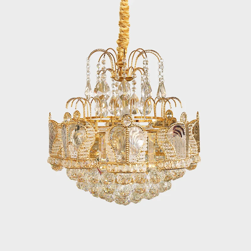 6-hoofds woonkamer kroonluchter licht eenvoudige gouden ophanging hanger met trapsgewijze kristallen bol schaduw Clearhalo