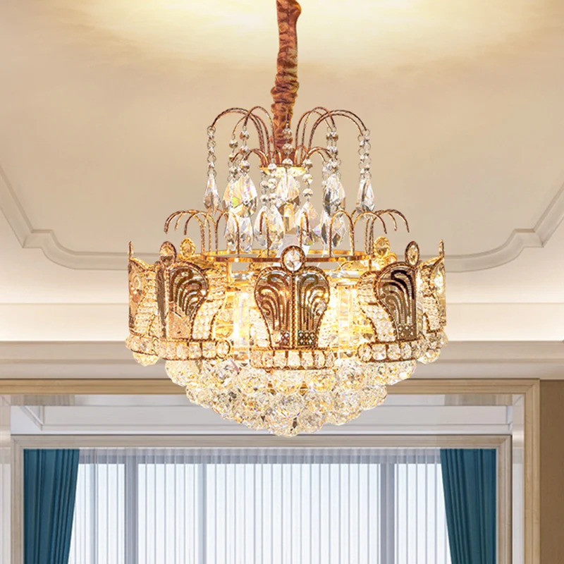 6-hoofds woonkamer kroonluchter licht eenvoudige gouden ophanging hanger met trapsgewijze kristallen bol schaduw Clearhalo