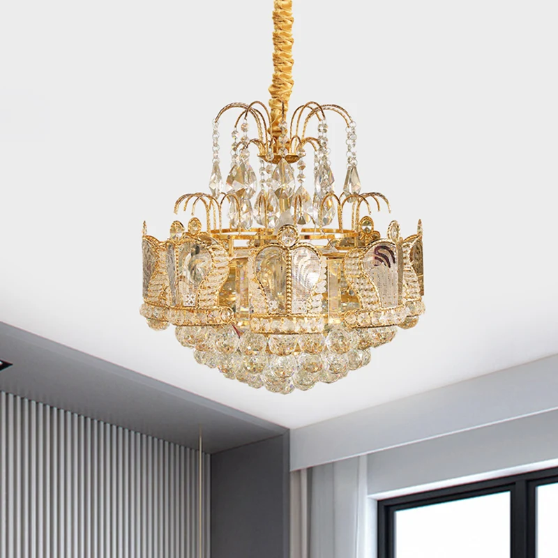 6-hoofds woonkamer kroonluchter licht eenvoudige gouden ophanging hanger met trapsgewijze kristallen bol schaduw Clearhalo