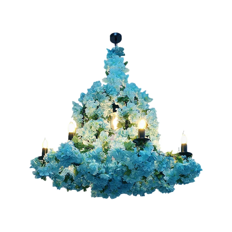 6-kops kaars kroonluchter verlichting fabriek blauw/roze rood metallic hanglamp met kunstbloemdeco Clearhalo