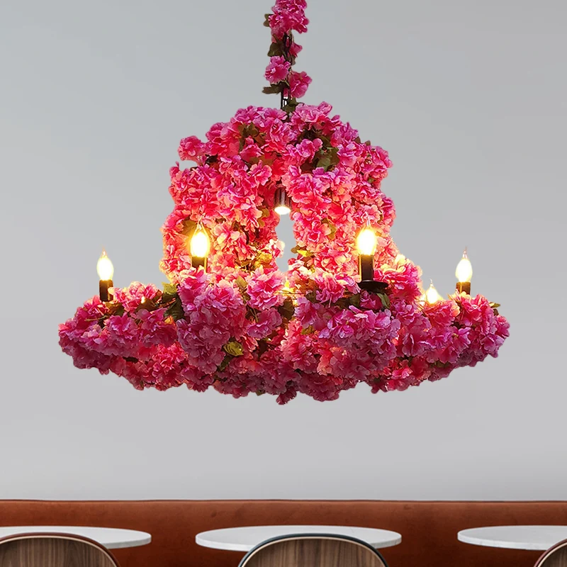 6-kops kaars kroonluchter verlichting fabriek blauw/roze rood metallic hanglamp met kunstbloemdeco Clearhalo