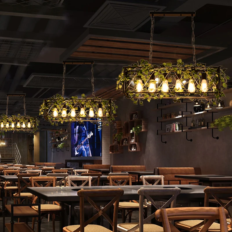 6-kops metalen eilandhanger antiek zwart rechthoekig restaurant LED-downlight met plantendecor Clearhalo