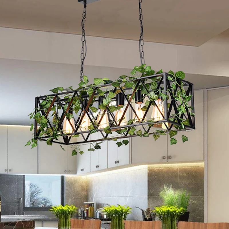 6-kops metalen eilandhanger antiek zwart rechthoekig restaurant LED-downlight met plantendecor Clearhalo