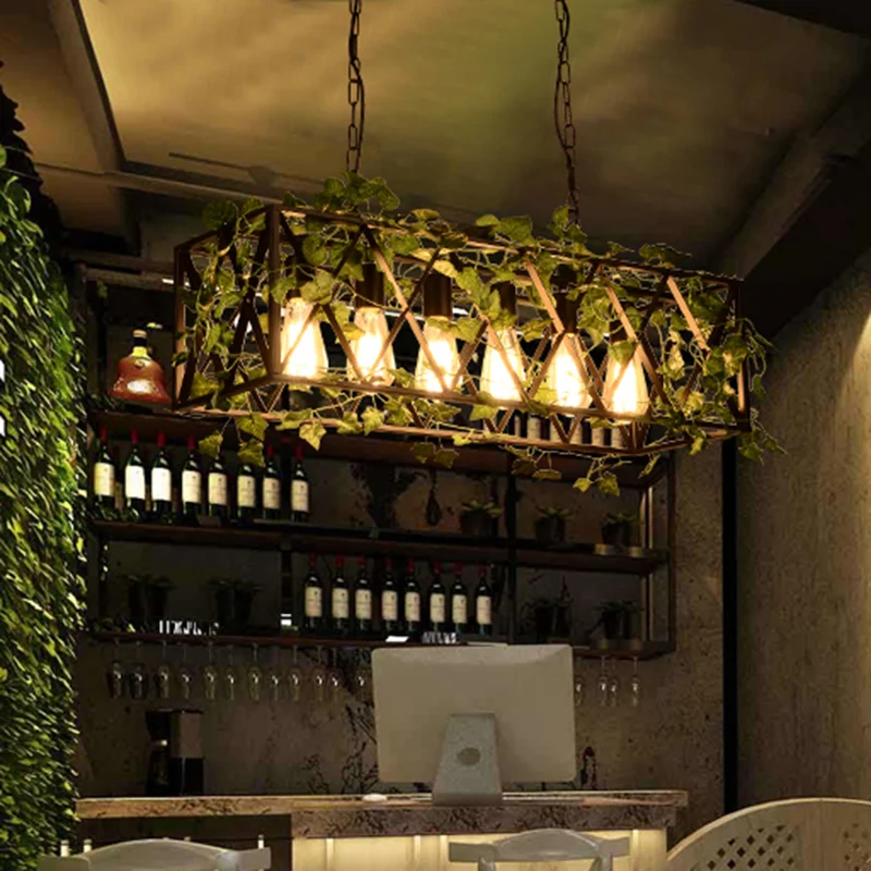 6-kops metalen eilandhanger antiek zwart rechthoekig restaurant LED-downlight met plantendecor Clearhalo