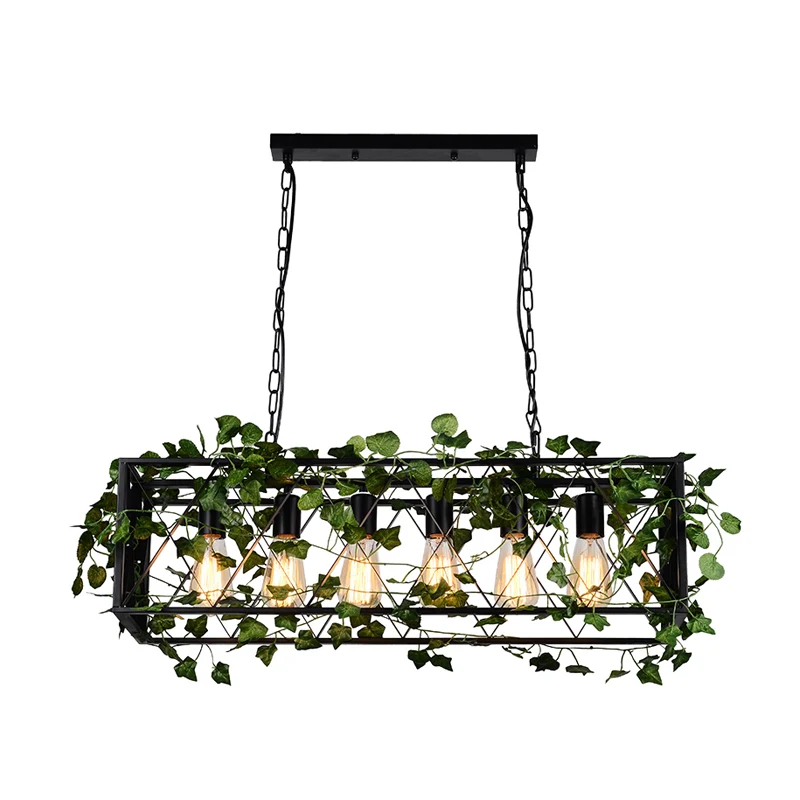 6-kops metalen eilandhanger antiek zwart rechthoekig restaurant LED-downlight met plantendecor Clearhalo
