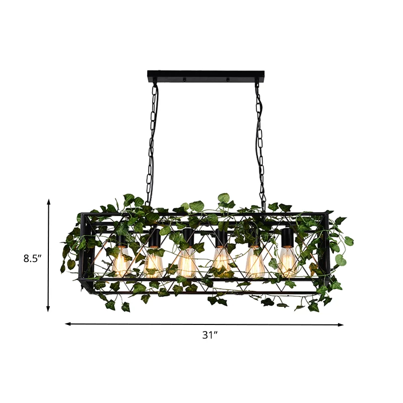 6-kops metalen eilandhanger antiek zwart rechthoekig restaurant LED-downlight met plantendecor Clearhalo