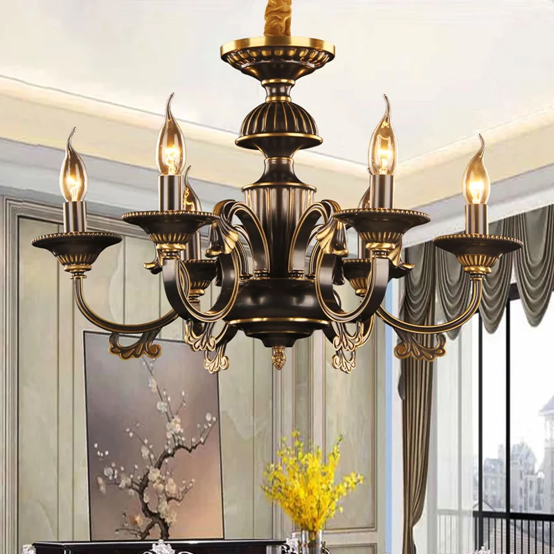 6-kops metalen hanger kroonluchter rustiek zwart en goud kaars woonkamer plafondlamp armatuur Clearhalo