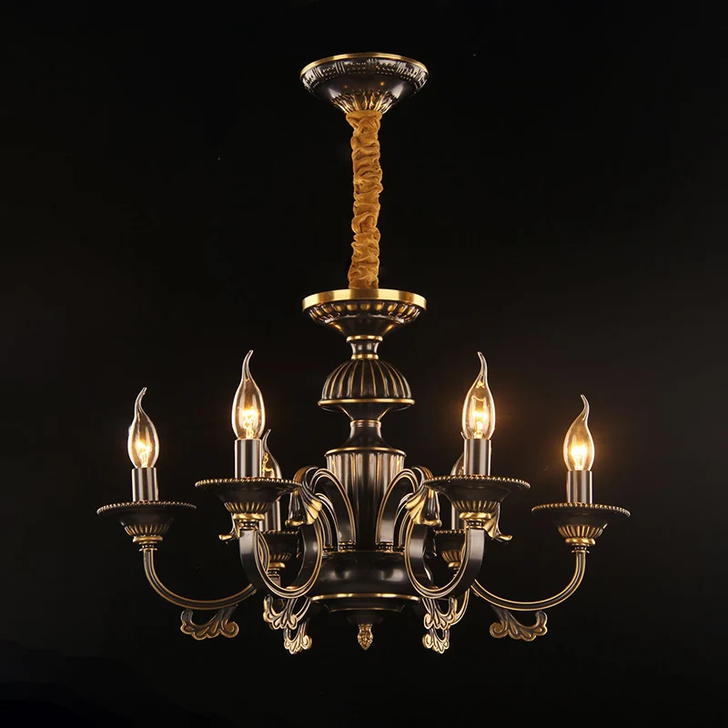 6-kops metalen hanger kroonluchter rustiek zwart en goud kaars woonkamer plafondlamp armatuur Clearhalo