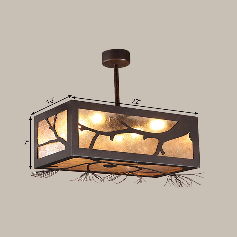 6-kops semi-inbouw cottage rechthoekig metaal dicht bij plafondlamp roest met mica bladscherm Clearhalo