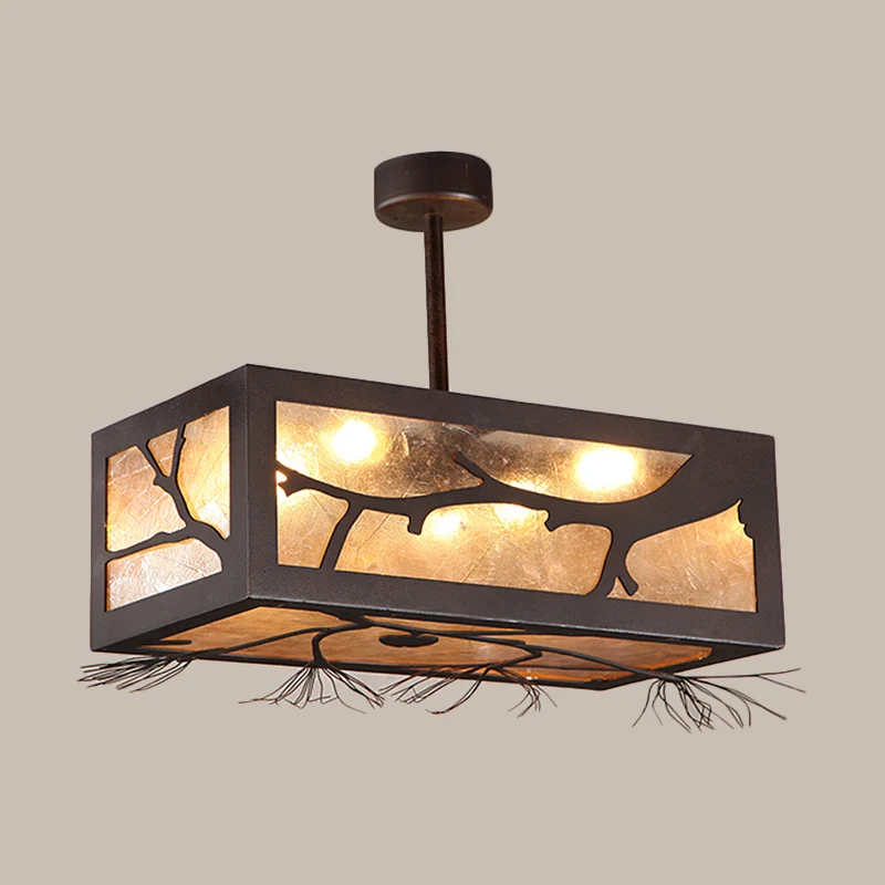 6-kops semi-inbouw cottage rechthoekig metaal dicht bij plafondlamp roest met mica bladscherm Clearhalo