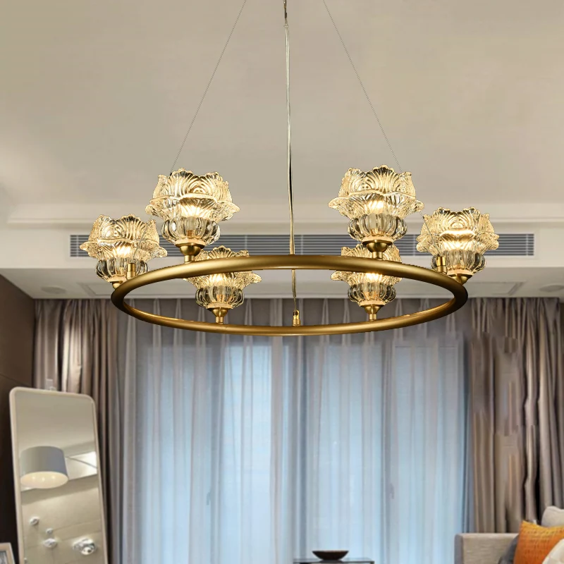 6-kops zonnebloemkroonluchterverlichting Traditionele helderglazen hanglamp voor woonkamer Clearhalo