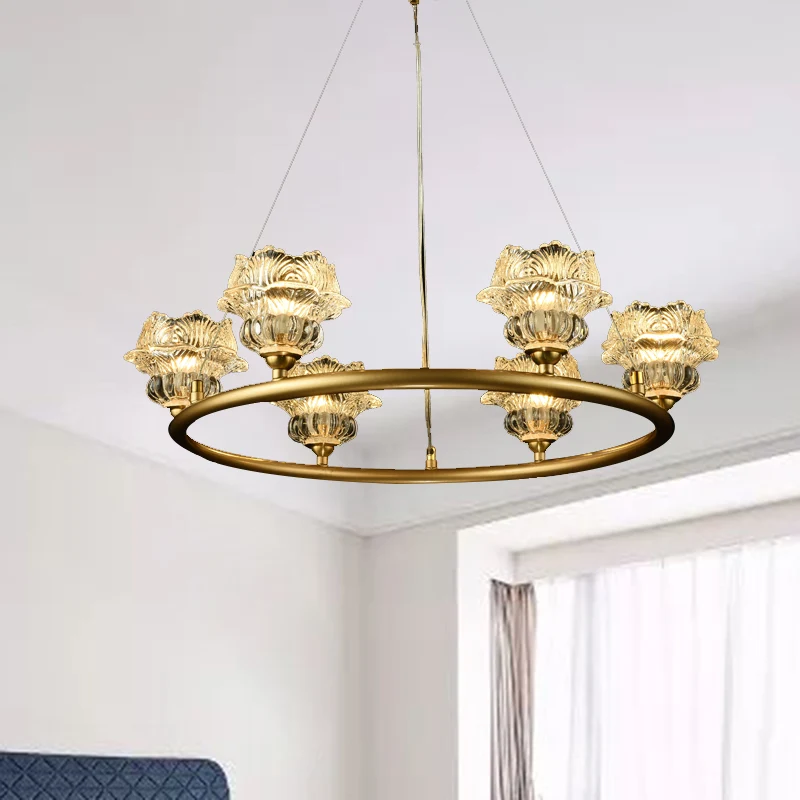 6-kops zonnebloemkroonluchterverlichting Traditionele helderglazen hanglamp voor woonkamer Clearhalo
