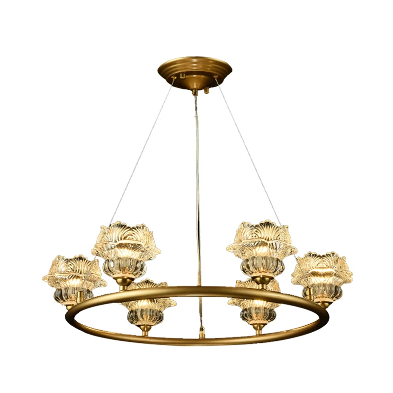 6-kops zonnebloemkroonluchterverlichting Traditionele helderglazen hanglamp voor woonkamer Clearhalo