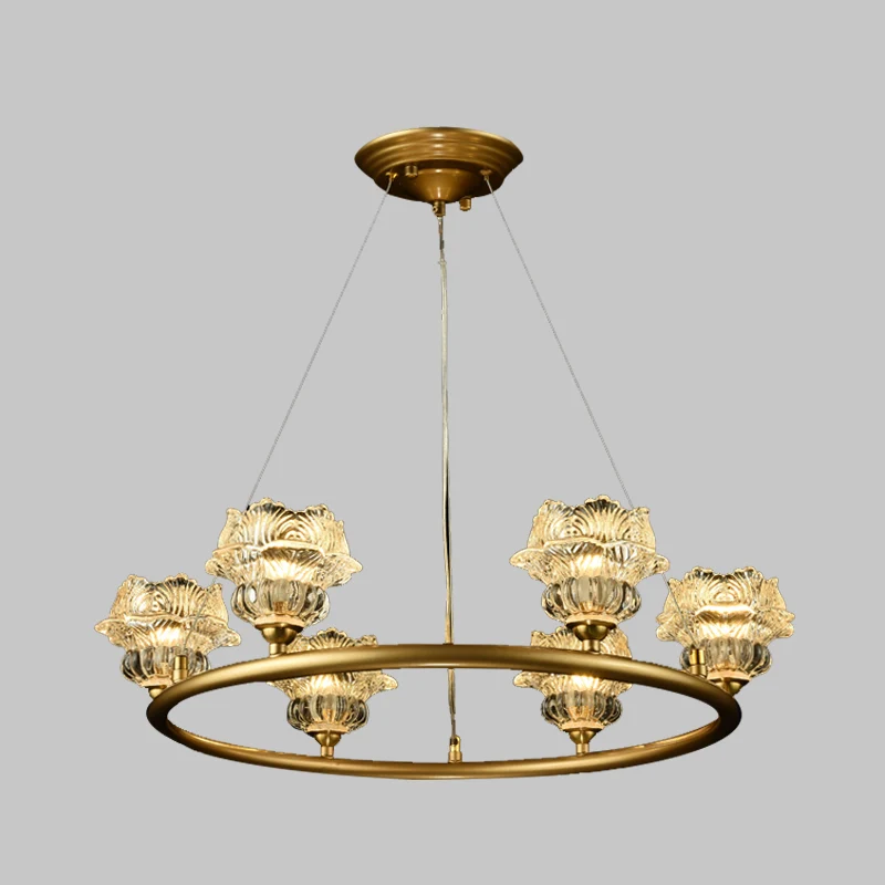 6-kops zonnebloemkroonluchterverlichting Traditionele helderglazen hanglamp voor woonkamer Clearhalo