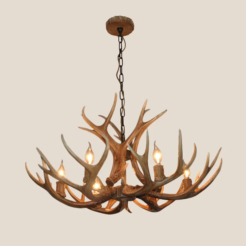 6-lamps gewei kandelaar kroonluchter boerderij bruin hars plafond ophanglamp voor eetkamer Clearhalo