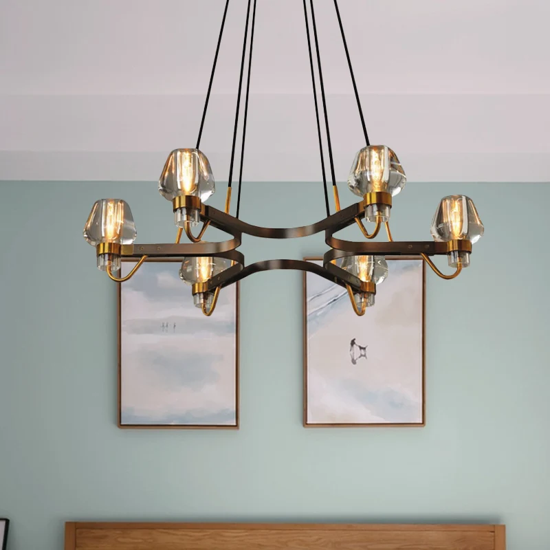 6-lichts Bud-kroonluchter antiek bronzen kristallen plafondhanglamp met hexagramframe Clearhalo