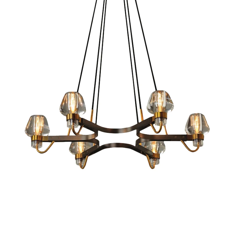 6-lichts Bud-kroonluchter antiek bronzen kristallen plafondhanglamp met hexagramframe Clearhalo