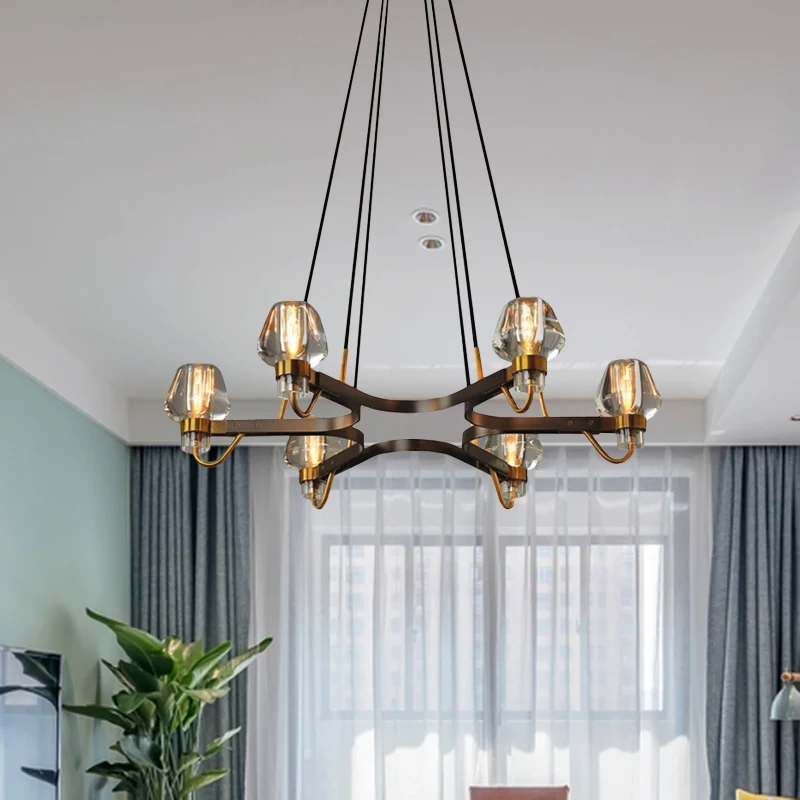 6-lichts Bud-kroonluchter antiek bronzen kristallen plafondhanglamp met hexagramframe Clearhalo