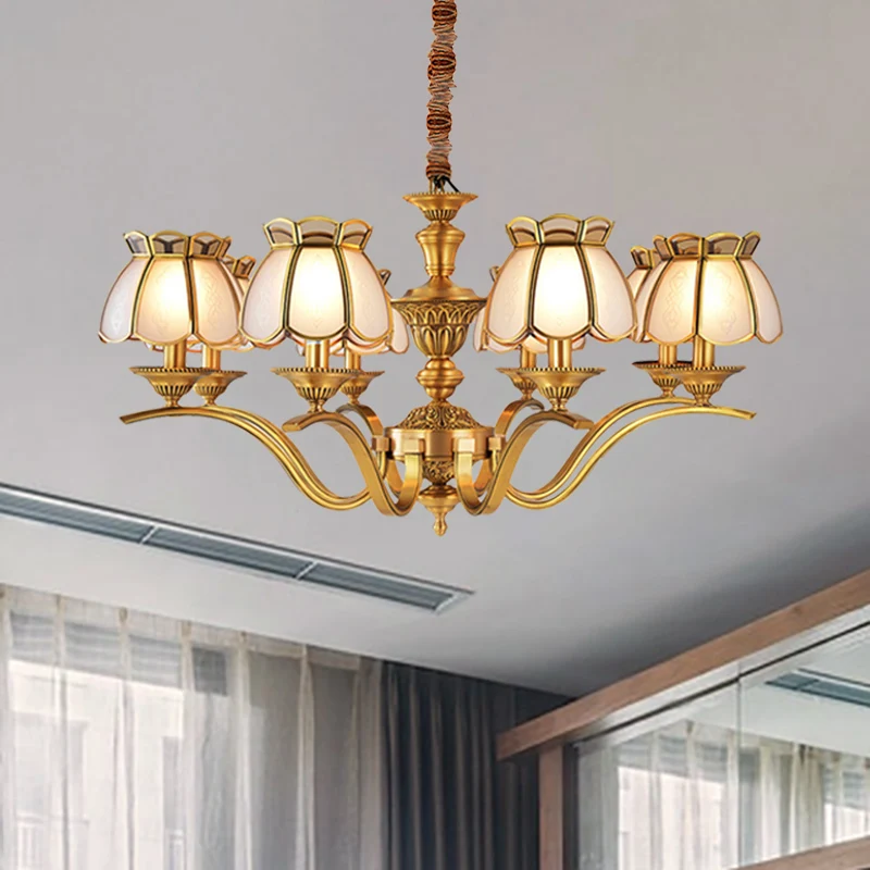 6-lichts geschulpte kroonluchter hanglamp kolonialistische messing matglas hangende plafondlamp Clearhalo