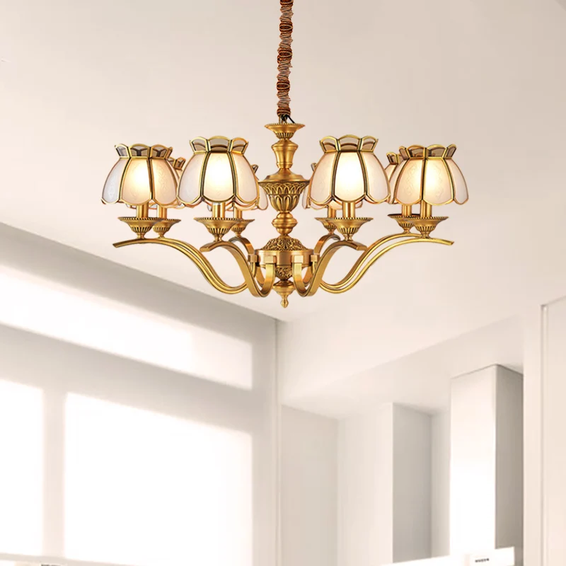 6-lichts geschulpte kroonluchter hanglamp kolonialistische messing matglas hangende plafondlamp Clearhalo
