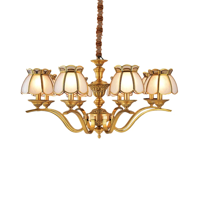 6-lichts geschulpte kroonluchter hanglamp kolonialistische messing matglas hangende plafondlamp Clearhalo