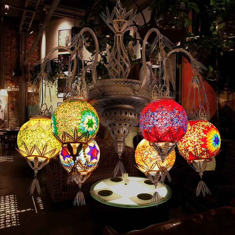 6-lichts globe hangende kroonluchter Marokkaanse messing geslepen glas ophanging hanger voor eetkamer Clearhalo