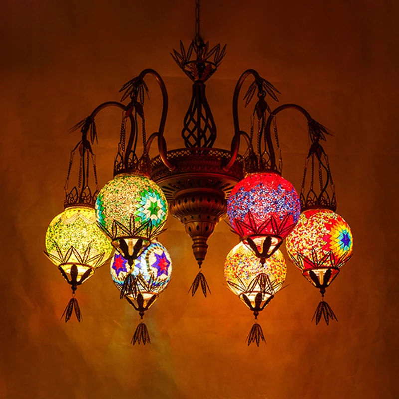 6-lichts globe hangende kroonluchter Marokkaanse messing geslepen glas ophanging hanger voor eetkamer Clearhalo
