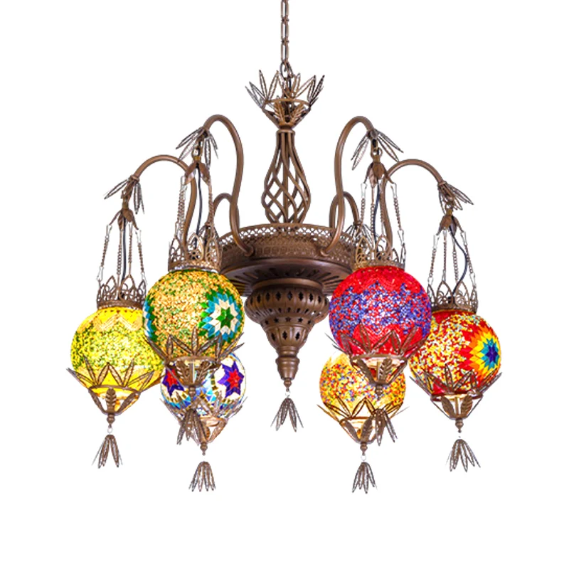 6-lichts globe hangende kroonluchter Marokkaanse messing geslepen glas ophanging hanger voor eetkamer Clearhalo