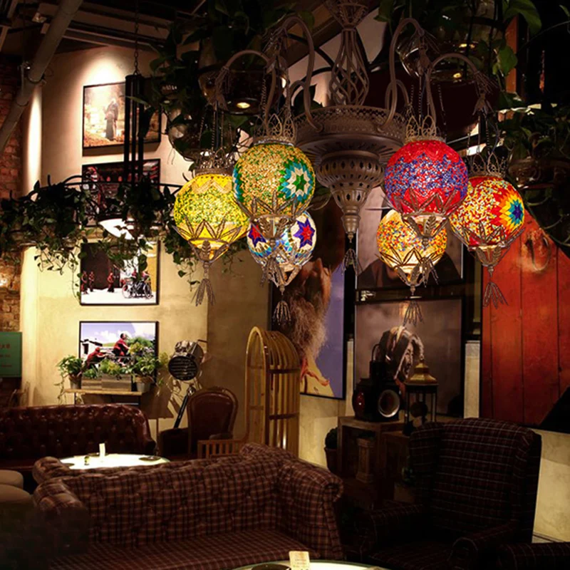 6-lichts globe hangende kroonluchter Marokkaanse messing geslepen glas ophanging hanger voor eetkamer Clearhalo