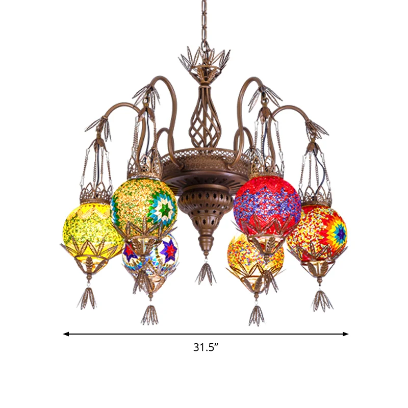6-lichts globe hangende kroonluchter Marokkaanse messing geslepen glas ophanging hanger voor eetkamer Clearhalo