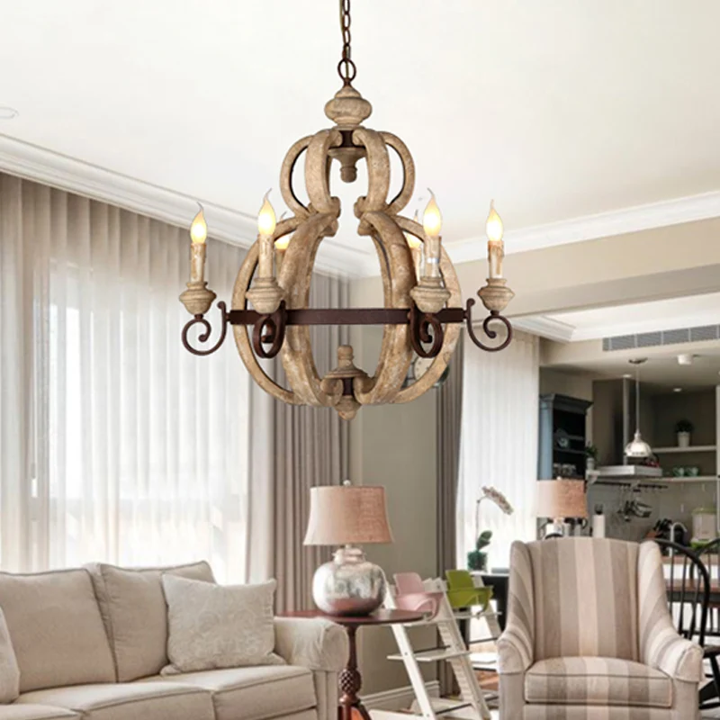6-lichts kroonluchter, lichte antieke woonkamer hanglamp met kaars, hout beige Clearhalo
