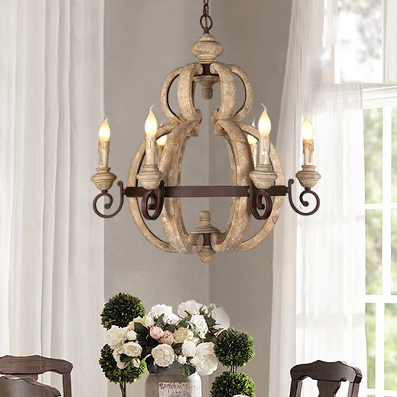 6-lichts kroonluchter, lichte antieke woonkamer hanglamp met kaars, hout beige Clearhalo