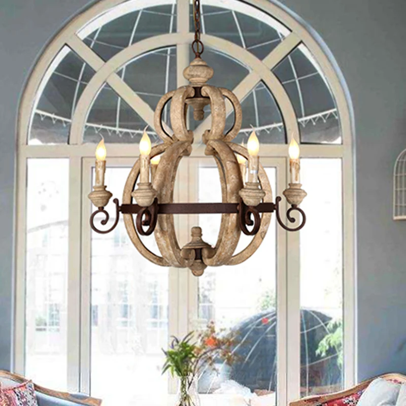 6-lichts kroonluchter, lichte antieke woonkamer hanglamp met kaars, hout beige Clearhalo
