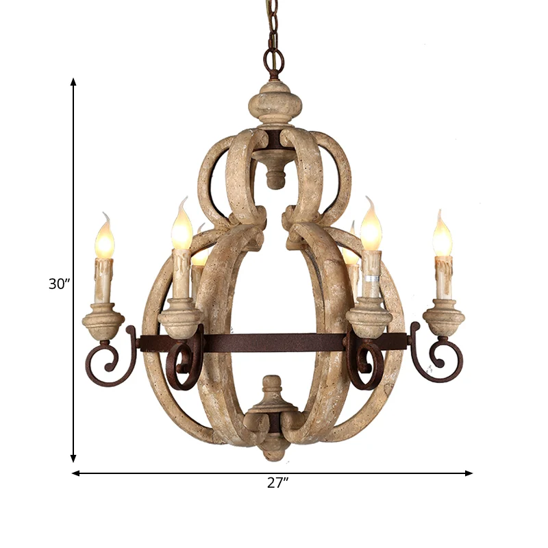 6-lichts kroonluchter, lichte antieke woonkamer hanglamp met kaars, hout beige Clearhalo