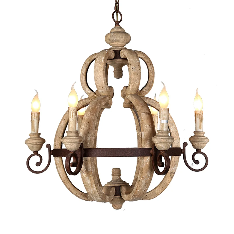 6-lichts kroonluchter, lichte antieke woonkamer hanglamp met kaars, hout beige Clearhalo