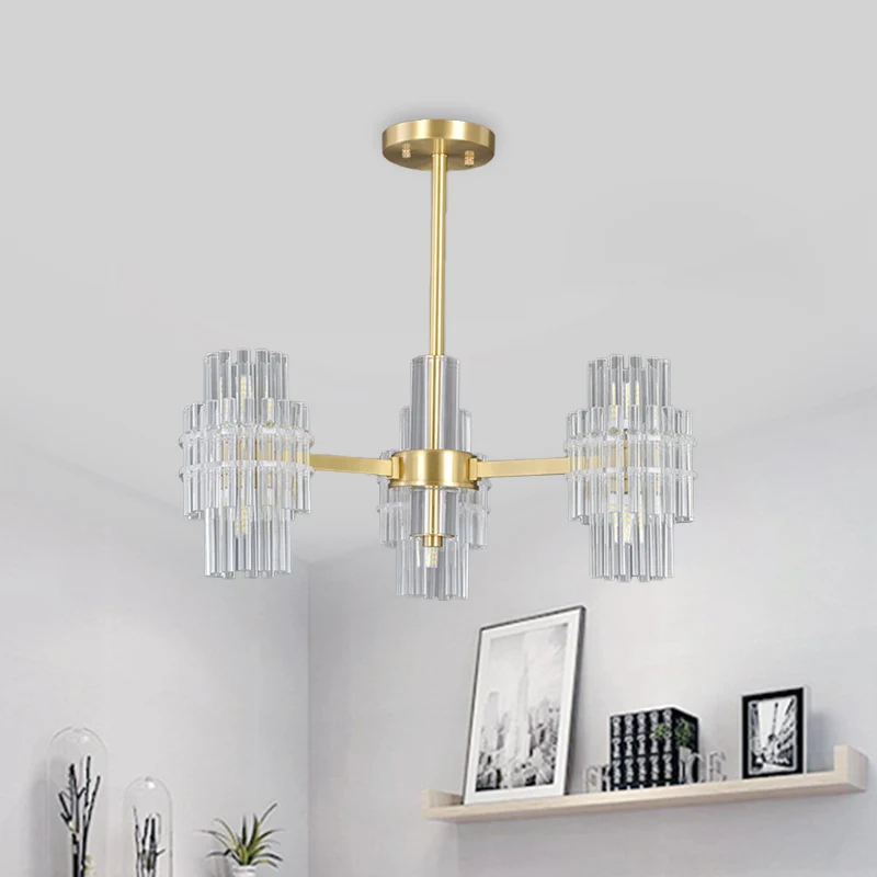 6-lichts semi-gemonteerde verlichting postmoderne cilinder helder kristallen staven dicht bij plafondlamp goud Clearhalo